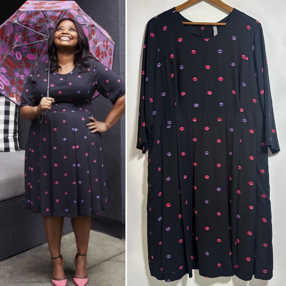 Melissa McCarthy Seven7 black pink purple kiss me lip print pleated dress 2X